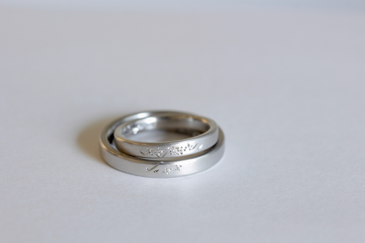 2つの結婚指輪を重ねて出現する紫陽花の和彫り