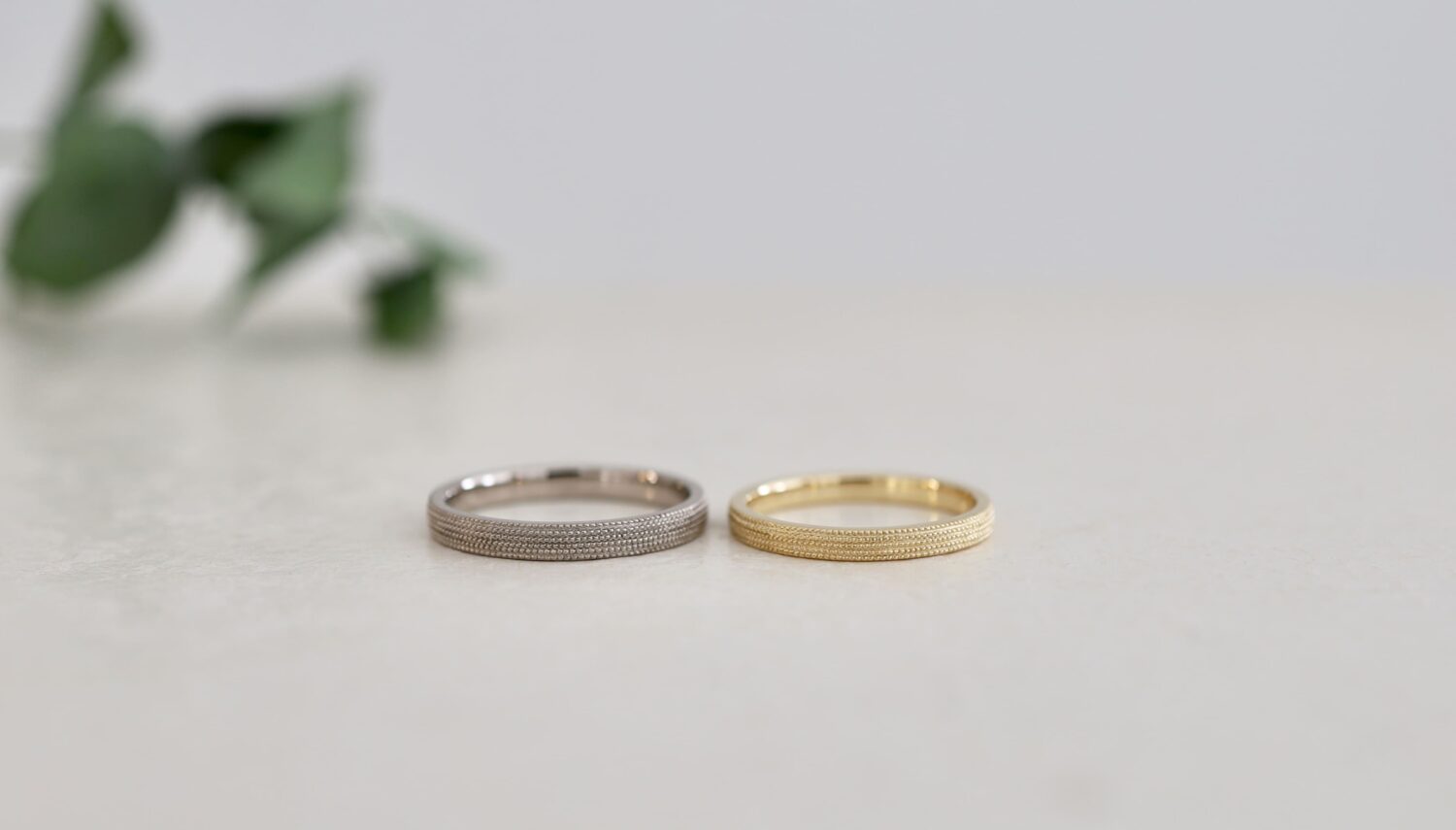 大阪心斎橋・京都オーダーメイドリング アトリエタマリ オーダーメイド結婚指輪 K18ホワイトゴールドとK18イエローゴールド トゥジュール ナチュラル仕上げ ミルグレイン ペアマリッジリング