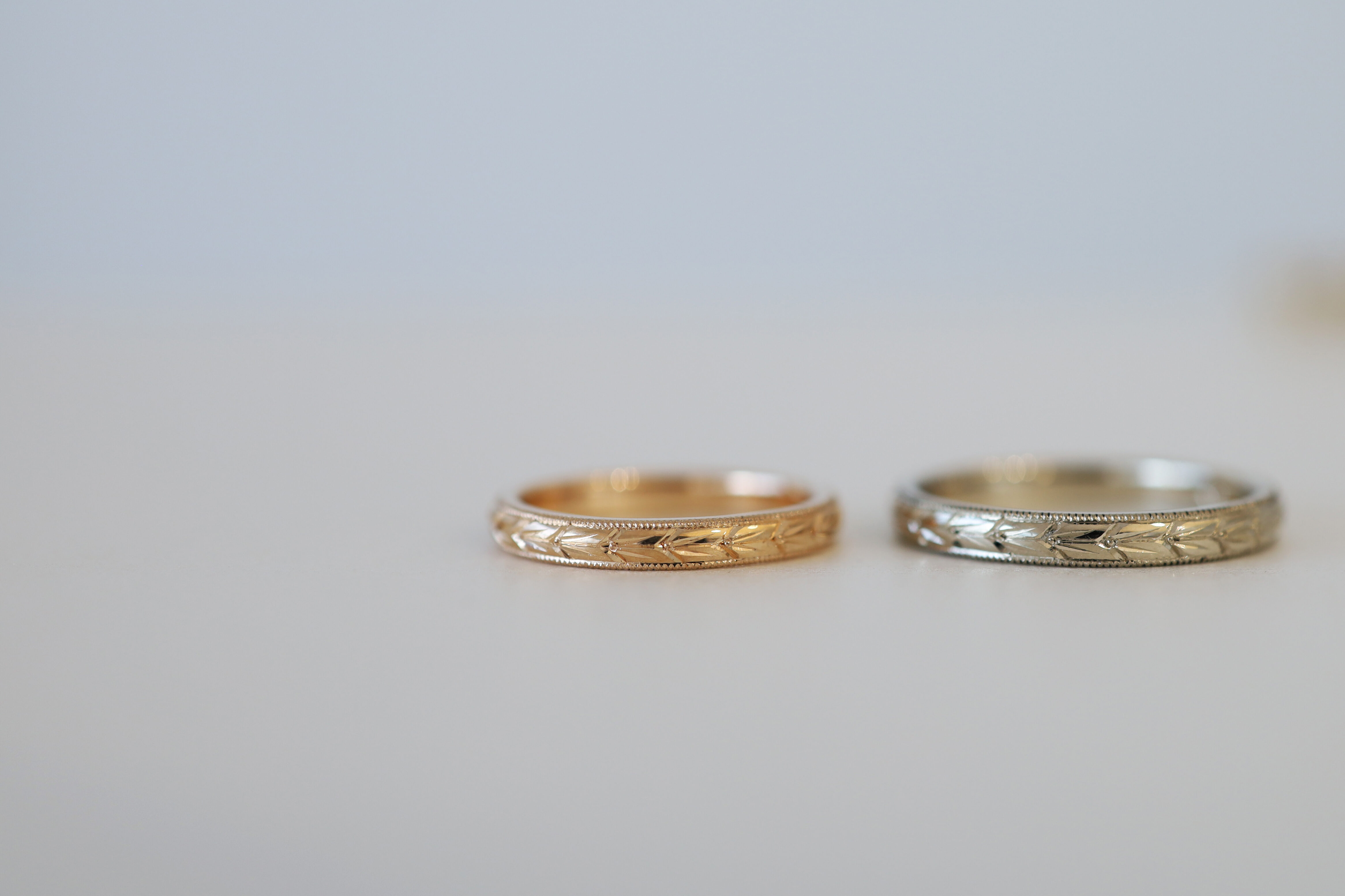 オーダーメイドでお作りした、ローレル結婚指輪（月桂樹彫りのマリッジリング）K20オレンジとK18シャンパン
