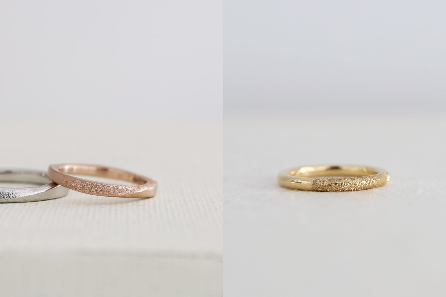 結婚指輪の仕上げ 手仕事で入れるテクスチャー ダイヤモンドダスト加工 繊細できらきら輝く表情のマリッジリング